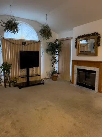 a view of a livingroom with furniture and a fireplace
