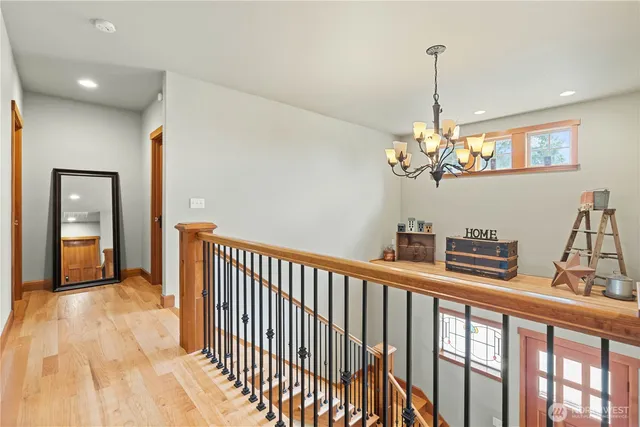a view of a room with a chandelier