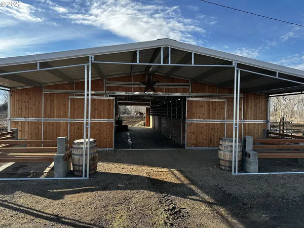 a view of a garage with wooden wall