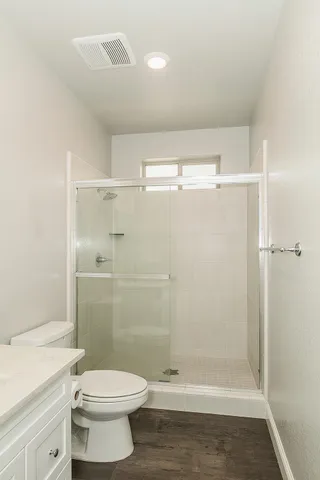 a bathroom with a shower and a toilet