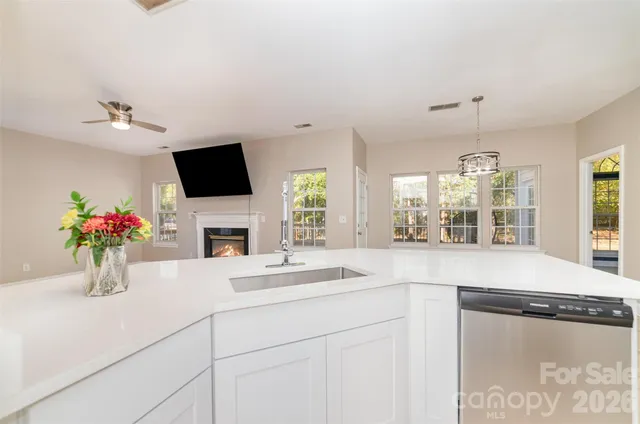 a kitchen with a sink and a flat screen tv