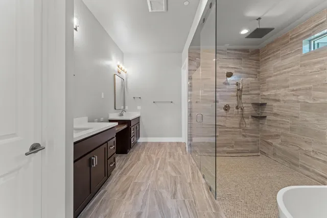 a bathroom with a bathtub