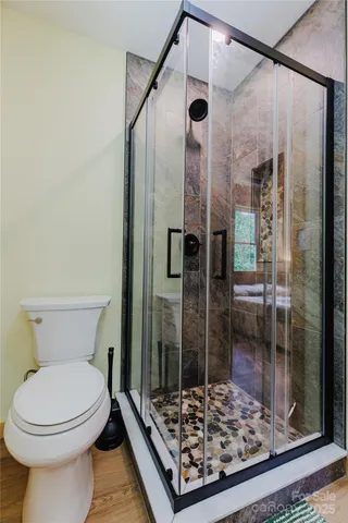a bathroom with a toilet and a shower