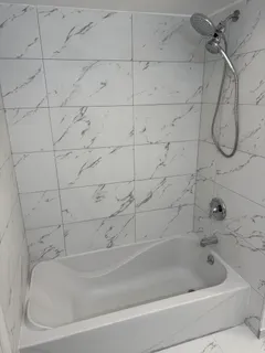 a bathroom with a bathtub