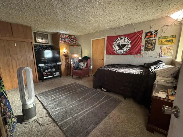 a bedroom with furniture and a mirror