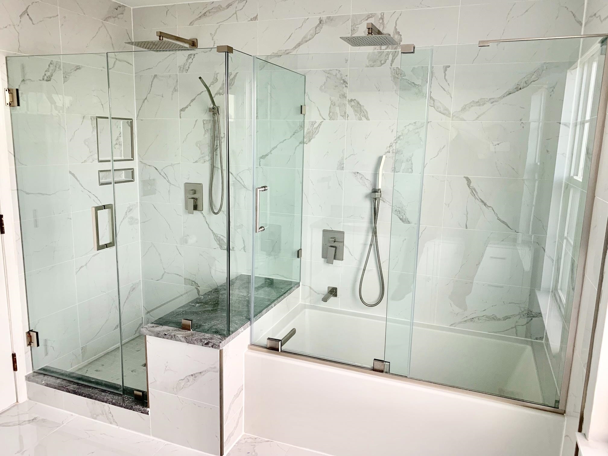 24 Bergen Ridge Road, Unit 1 North Bergen, NJ 07047 - Photo 11 of 17 a bathroom with a granite countertop shower a mirror and a sink