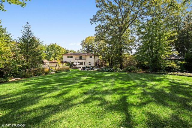 a view of a park with large trees
