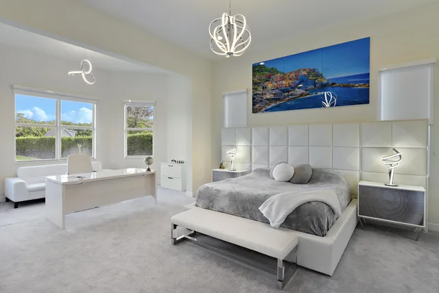 a bedroom with a bed and a large window