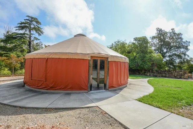 a view of a dry yard with large trees