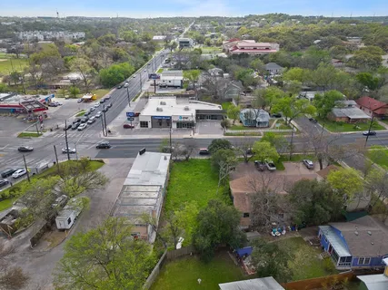 an aerial view of a house with a garden