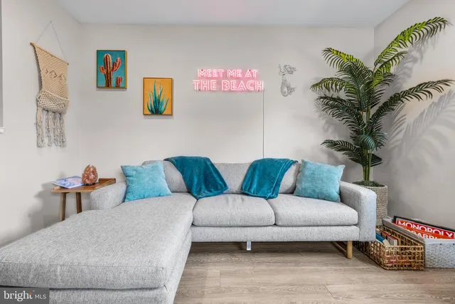 a living room with furniture and a potted plant