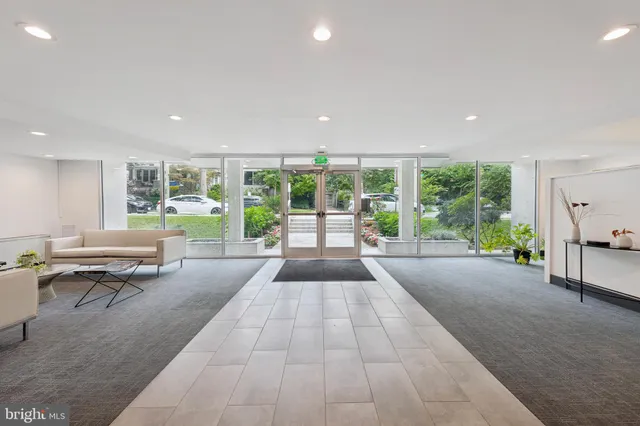 a view of large building with a large window