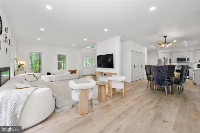 a living room with couches a fireplace and a potted plant with wooden floor