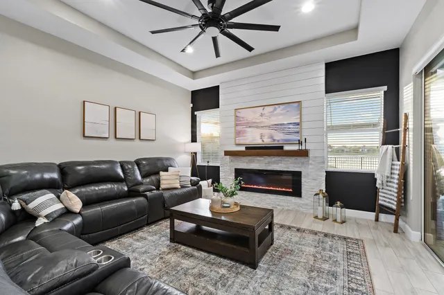 a living room with furniture potted plant and a fireplace