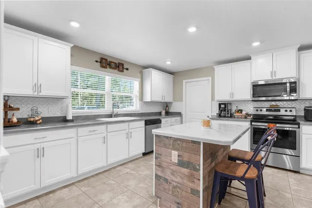 a kitchen with appliances a sink a counter top space and cabinets