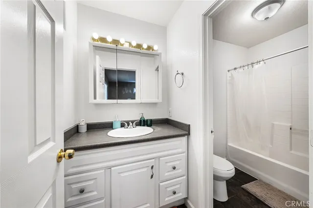 a bathroom with a sink a toilet a mirror a vanity and shower