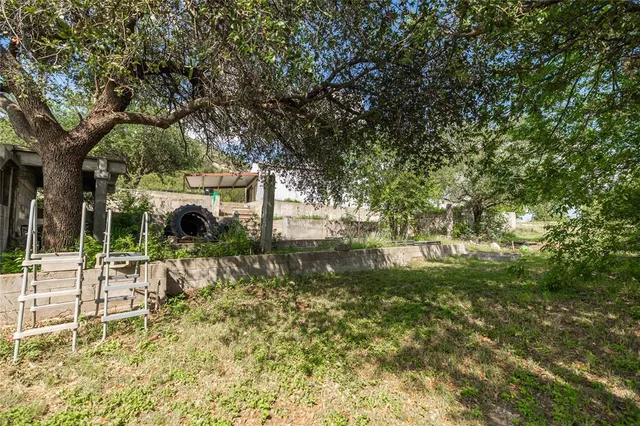 a view of a park with large trees