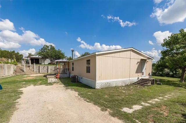 a view of a backyard with plants and a large tree