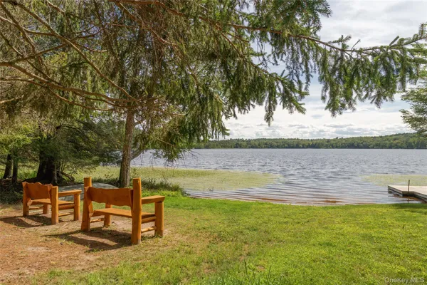 a view of a lake with houses in the back