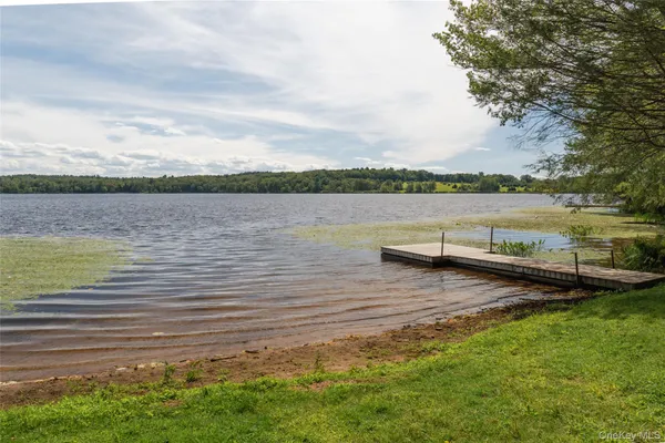 a view of a lake with houses in the back