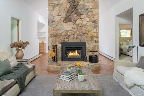 a living room with furniture and a fireplace