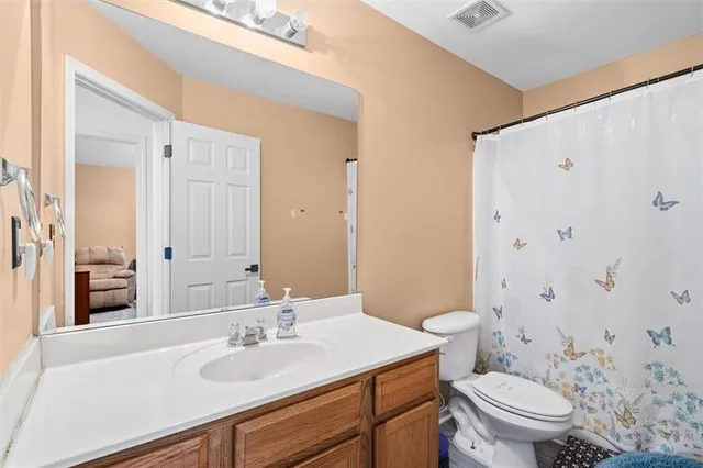 a bathroom with a sink a toilet and shower curtain