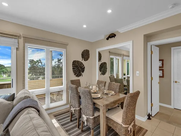 a view of a dining room with furniture window and outside view