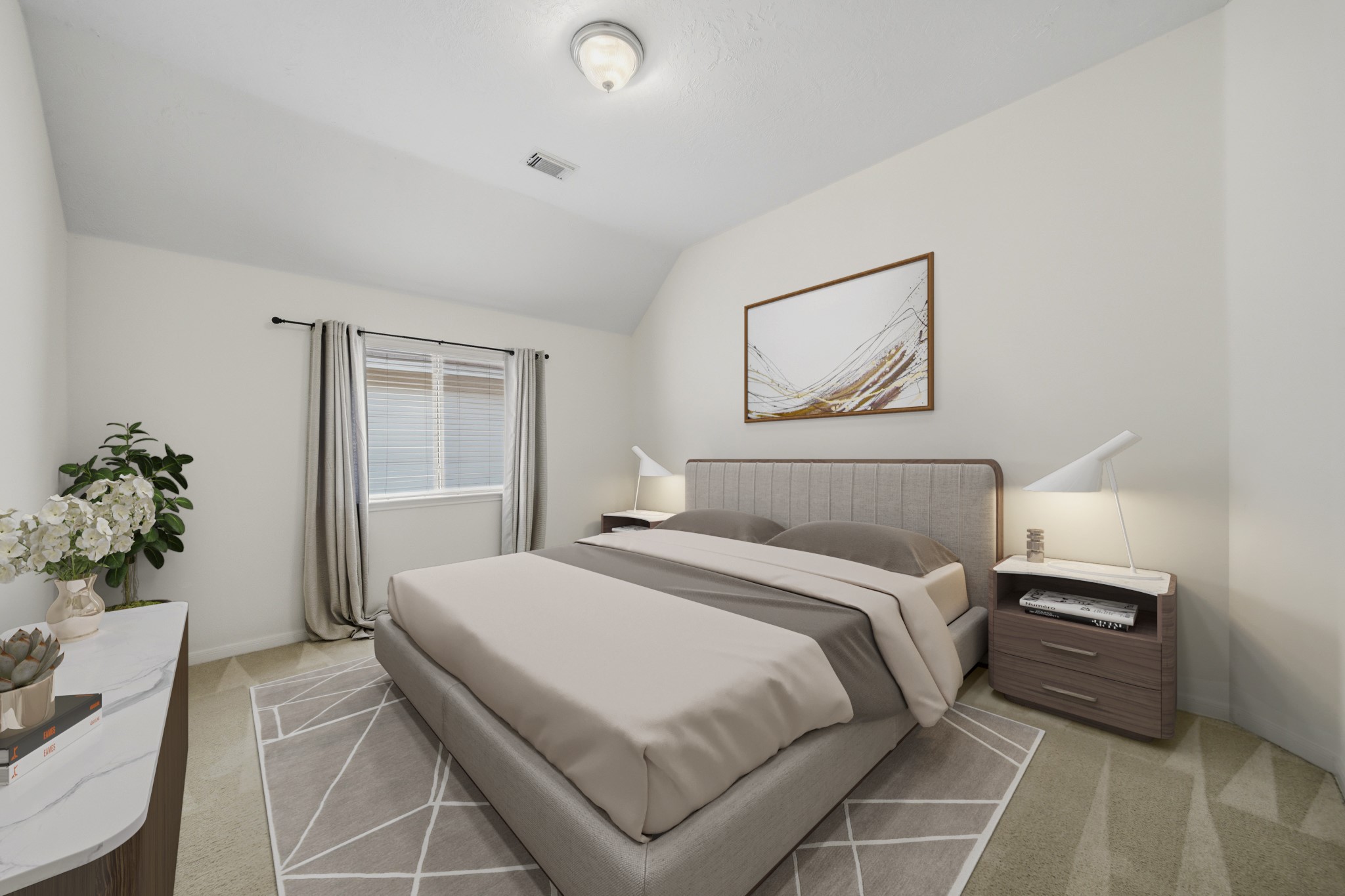 3306 Colleville Sur Mer Lane Spring, TX 77388 - Photo 14 of 30 Virtually Staged: This inviting secondary bedroom offers a comfortable and versatile layout with soft neutral finishes and a bright, airy feel. The vaulted ceiling adds architectural interest and enhances the sense of space, while the large window allows natural light to fill the room throughout the day. Plush carpeting creates a warm and cozy atmosphere, complemented by clean lines and modern styling.