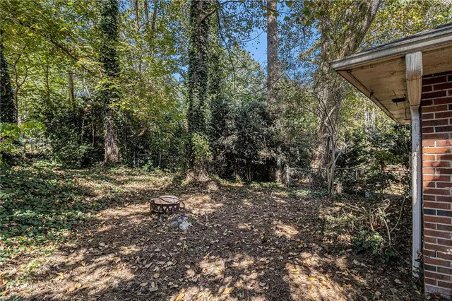 a view of a yard with plants and trees