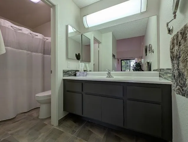 a bathroom with a double vanity sink toilet and a mirror