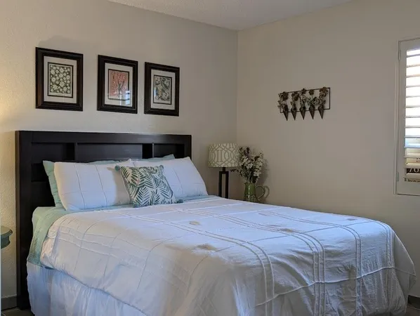 a bedroom with a large bed and a potted plant