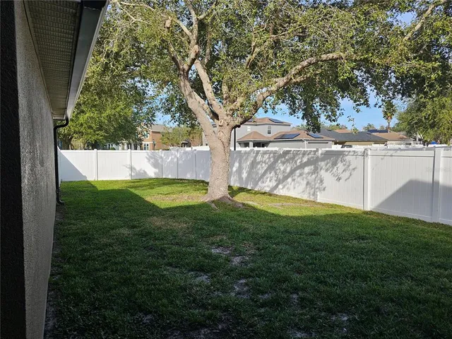 a view of a backyard with large trees