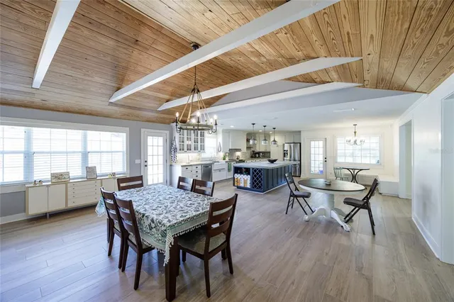 a open kitchen with kitchen island wooden floors stainless steel appliances and a window