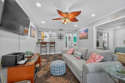 a living room with furniture a ceiling fan and a rug