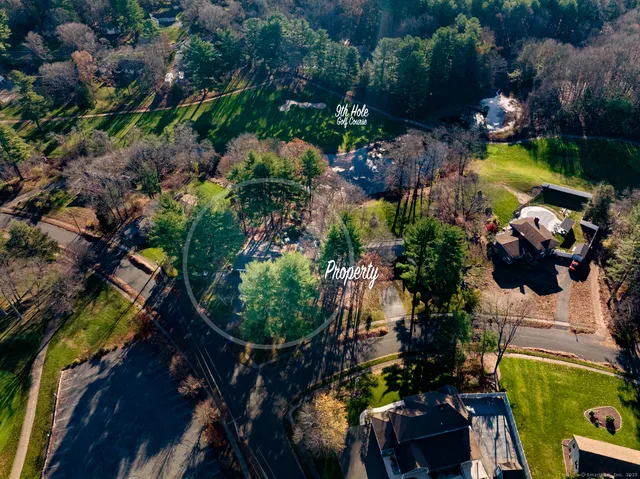 an aerial view of a house with a garden and swimming pool