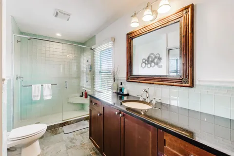 a bathroom with a sink a toilet a mirror and shower