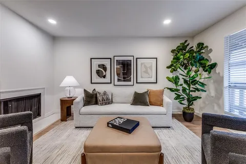 a living room with furniture and a potted plant