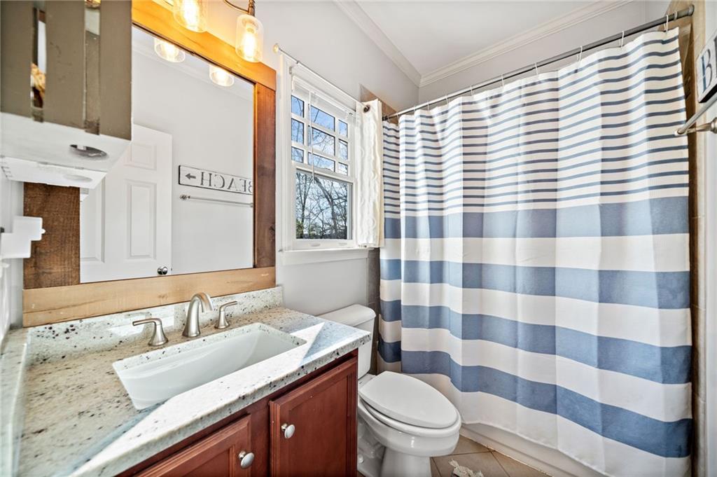 121 Moose Loop Waleska, GA 30183 - Photo 30 of 57 a bathroom with a granite countertop sink a toilet and a shower