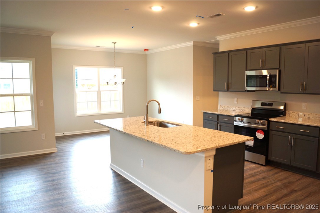 174 Nectar Lane Bunnlevel, NC 28323 - Photo 5 of 41 a kitchen with stainless steel appliances granite countertop a sink stove microwave and refrigerator