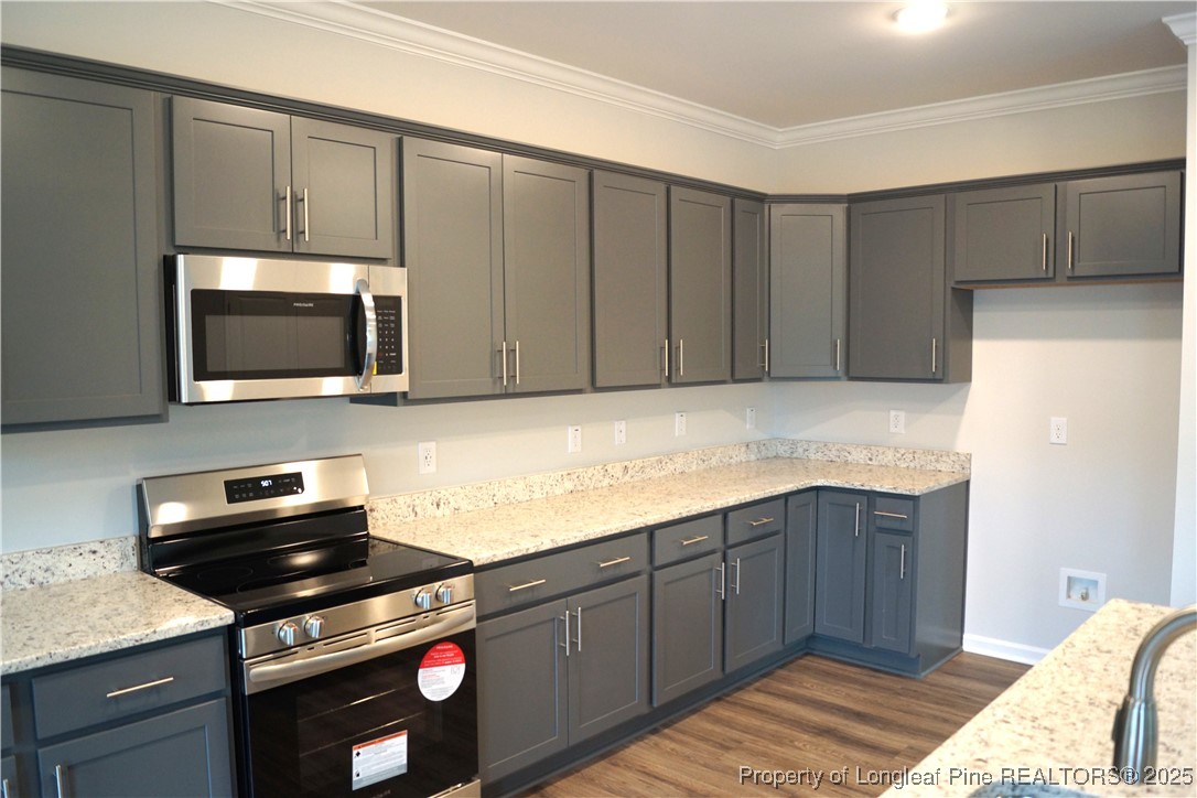 174 Nectar Lane Bunnlevel, NC 28323 - Photo 10 of 41 a kitchen with stainless steel appliances a stove microwave and cabinets