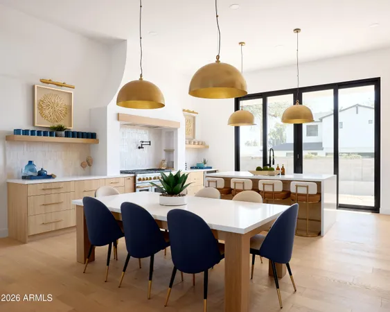 a dining room with furniture and window