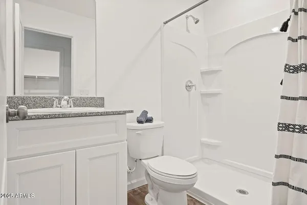 a bathroom with a sink toilet vanity and shower