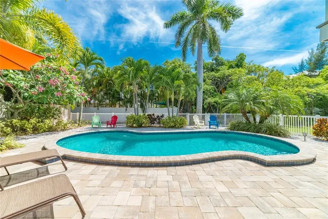 a view of a swimming pool with a yard and plants