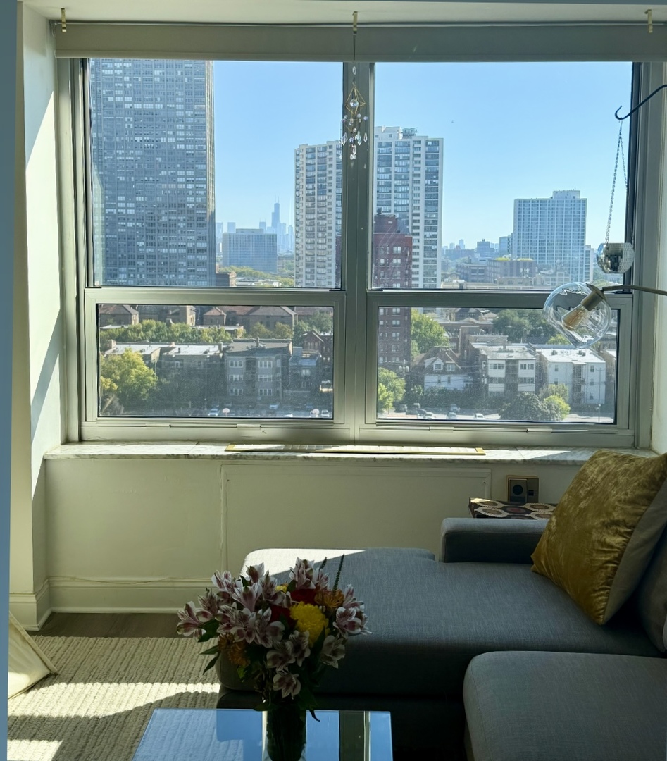 720 West Gordon Terrace, Unit 15N Chicago, IL 60613 - Photo 4 of 22 a living room with furniture and a floor to ceiling window