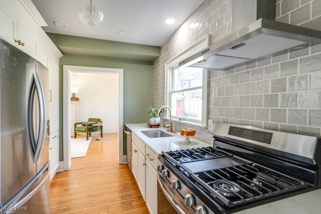 199 Edgerton Road Akron, OH 44303 - Photo 21 of 49 Kitchen featuring wall chimney range hood, light wood-style flooring, appliances with stainless steel finishes, white cabinets, and a sink