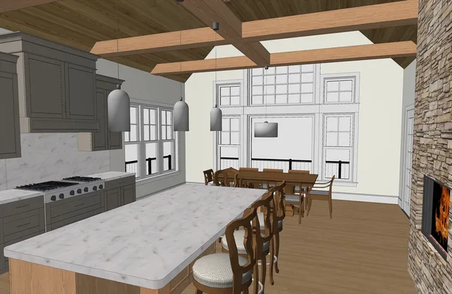 a kitchen with stainless steel appliances granite countertop a stove a refrigerator a dining table and chairs with wooden floor