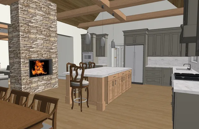 a kitchen with stainless steel appliances granite countertop a stove a refrigerator a kitchen island a couch a dining table and chairs with wooden floor