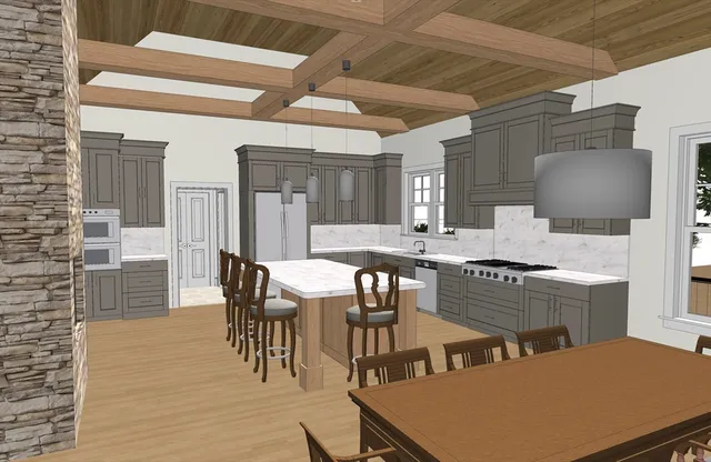 a kitchen with stainless steel appliances granite countertop a stove a refrigerator a dining table and chairs with wooden floor