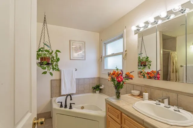 a bathroom with a bathtub sink and mirror