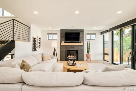 a living room with furniture fireplace and a flat screen tv